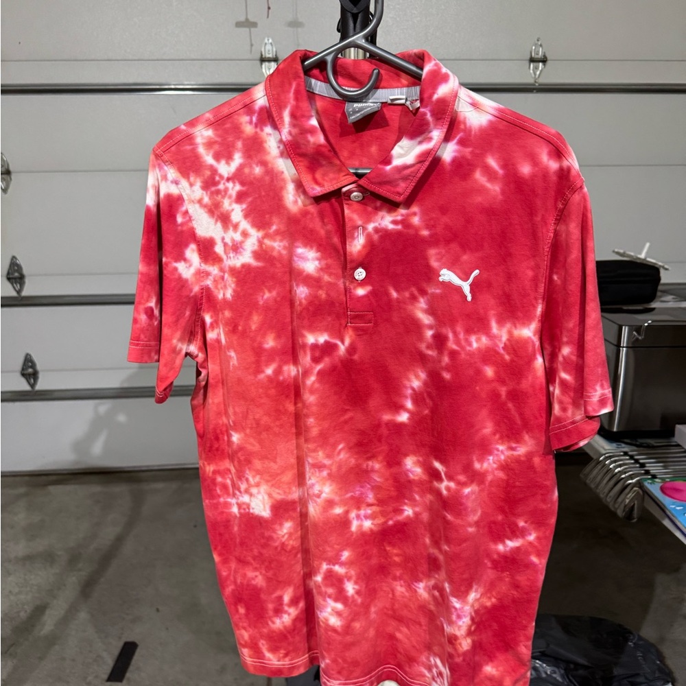 Puma Men's Red and White Tie-Dye Polo Shirt